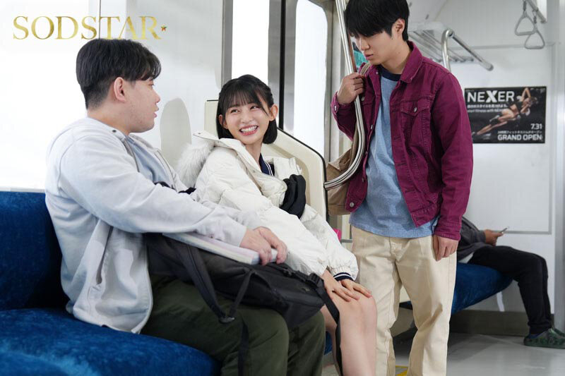 【1start00554】宮島めい 電車ナンパ 白コート 2人の男と 笑顔